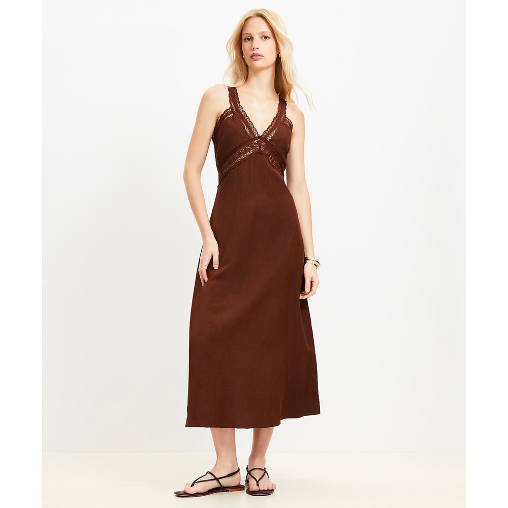 LOFT Linen Blend Lace Trim Midi Dress Womens 2 Brown